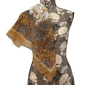 Vintage Square Polyester Scarf With Feather Design In Earth Tones Made In Japan